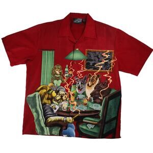 Vintage Sapphire Lounge Dogs Playing Poker Graphic Button Up Shirt